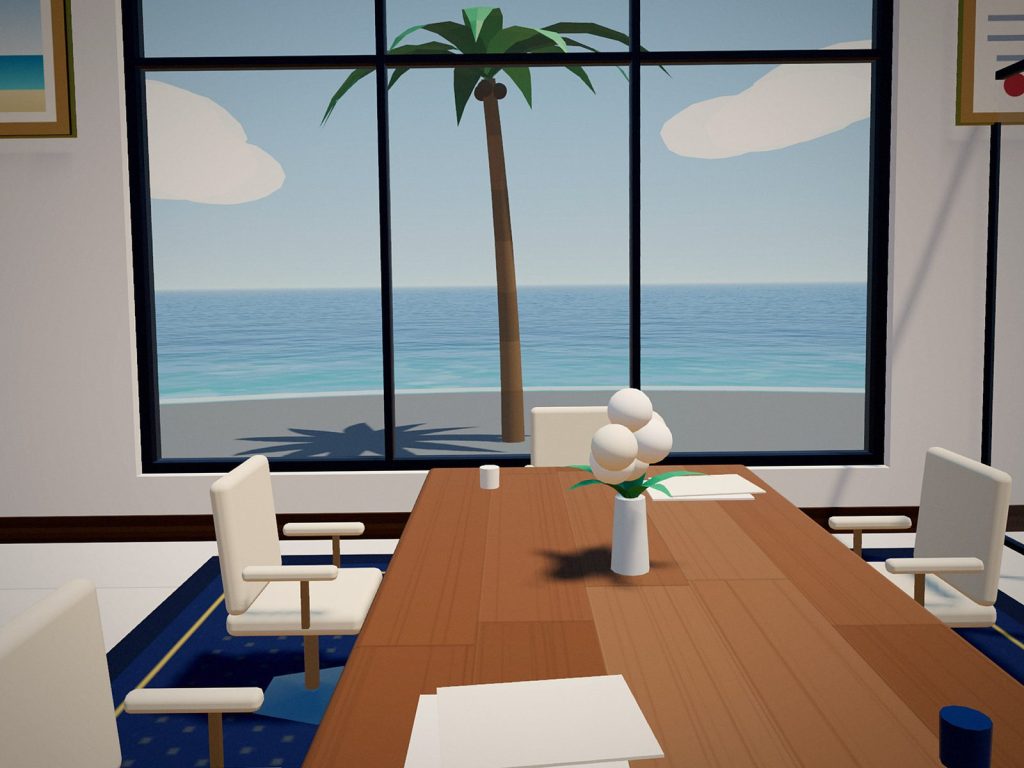 Glass-walled conference room in customer #1's AI-staffed office